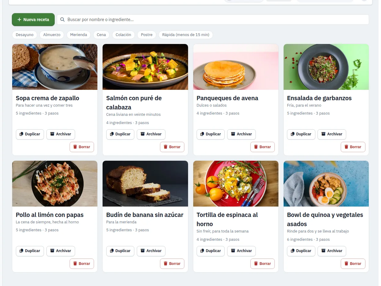 El recetario: las recetas cargadas, con su buscador y sus etiquetas